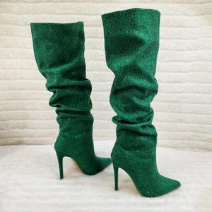 Radiant Emerald Green Rhinestone High Heel Slouch Knee High Boots